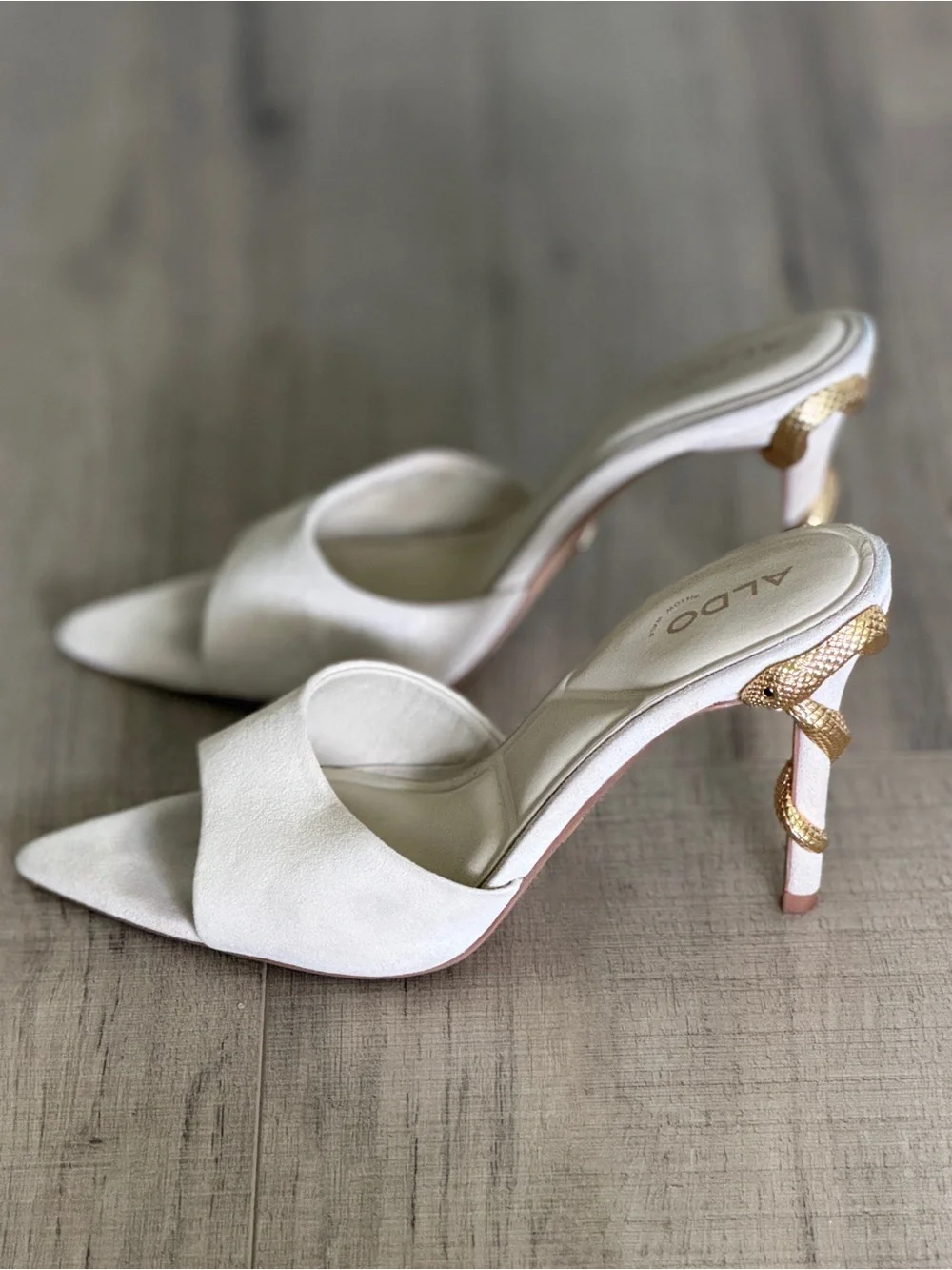 ALDO Cream Slide Mule with Gold Snake-Detail Stiletto